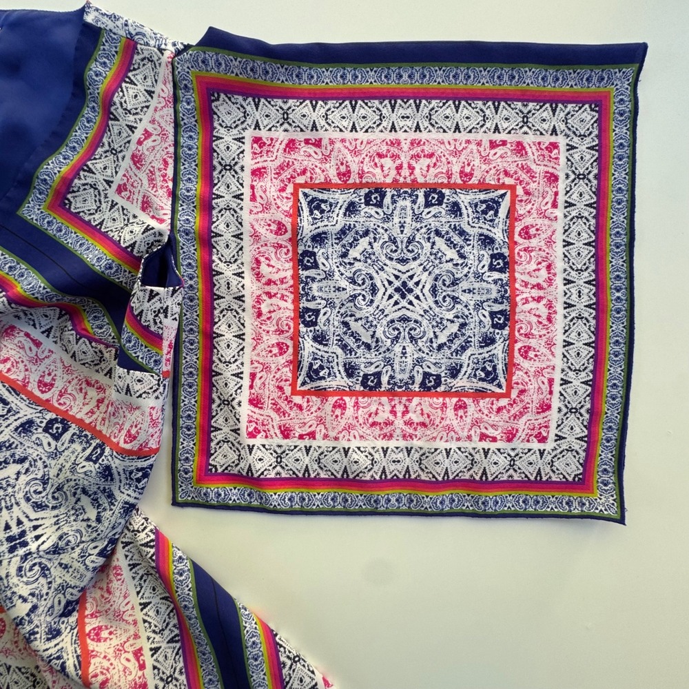Trina Turk Silk Wrap Dress Womens Blue Pink Paisley Handkerchief Hem Resortwear - Picture 13 of 15